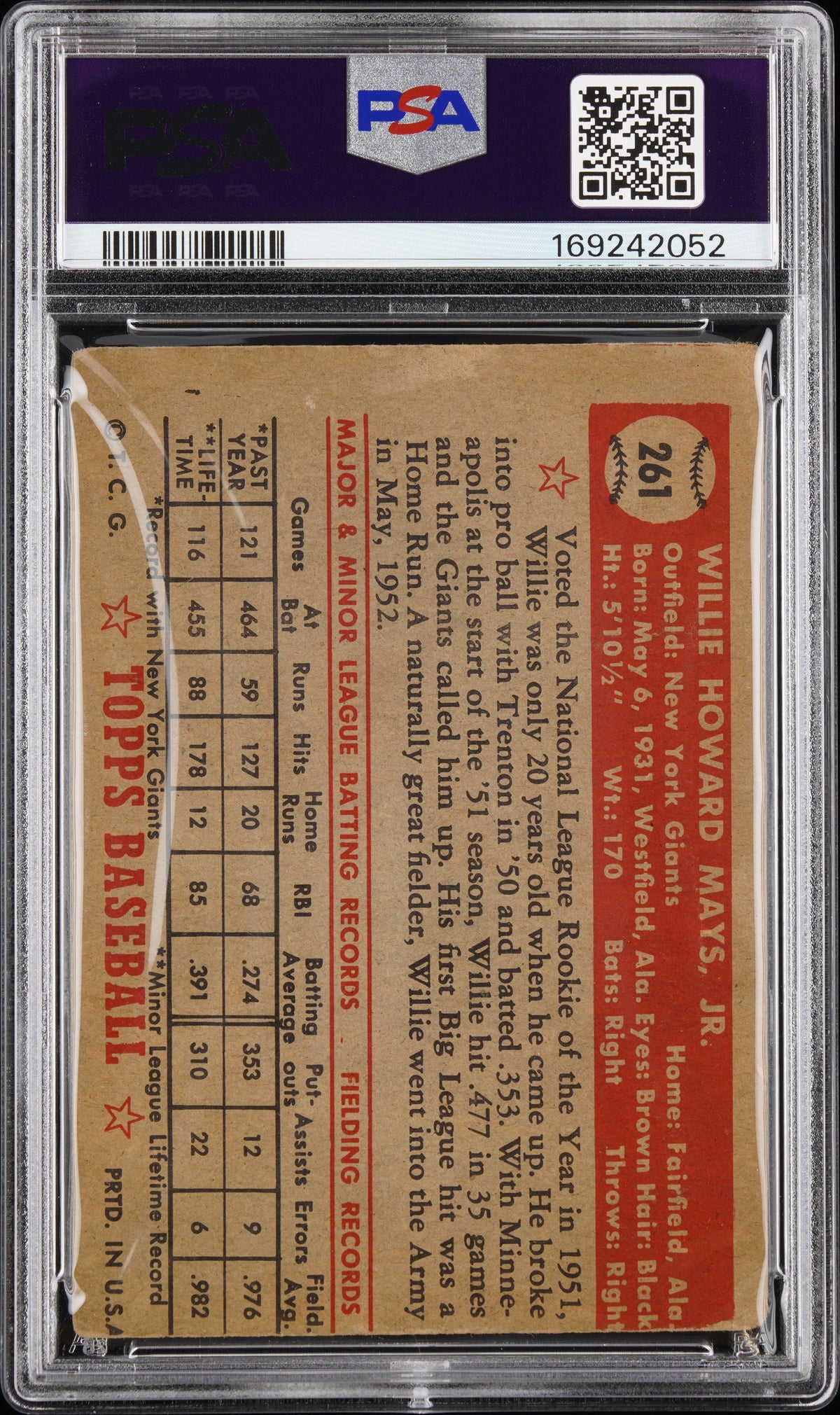 1952 Topps #261 Willie Mays PSA 2 mc New Label Nice Color