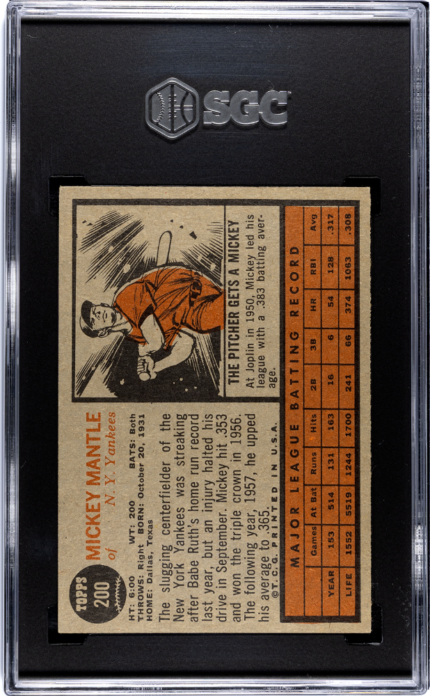 1962 Topps #200 Mickey Mantle SGC 6 EX-NM Well Centered