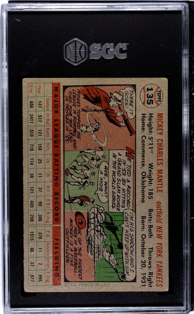 1956 Topps #135 Mickey Mantle Gray Back SGC 2.5 GD+ Nice Color