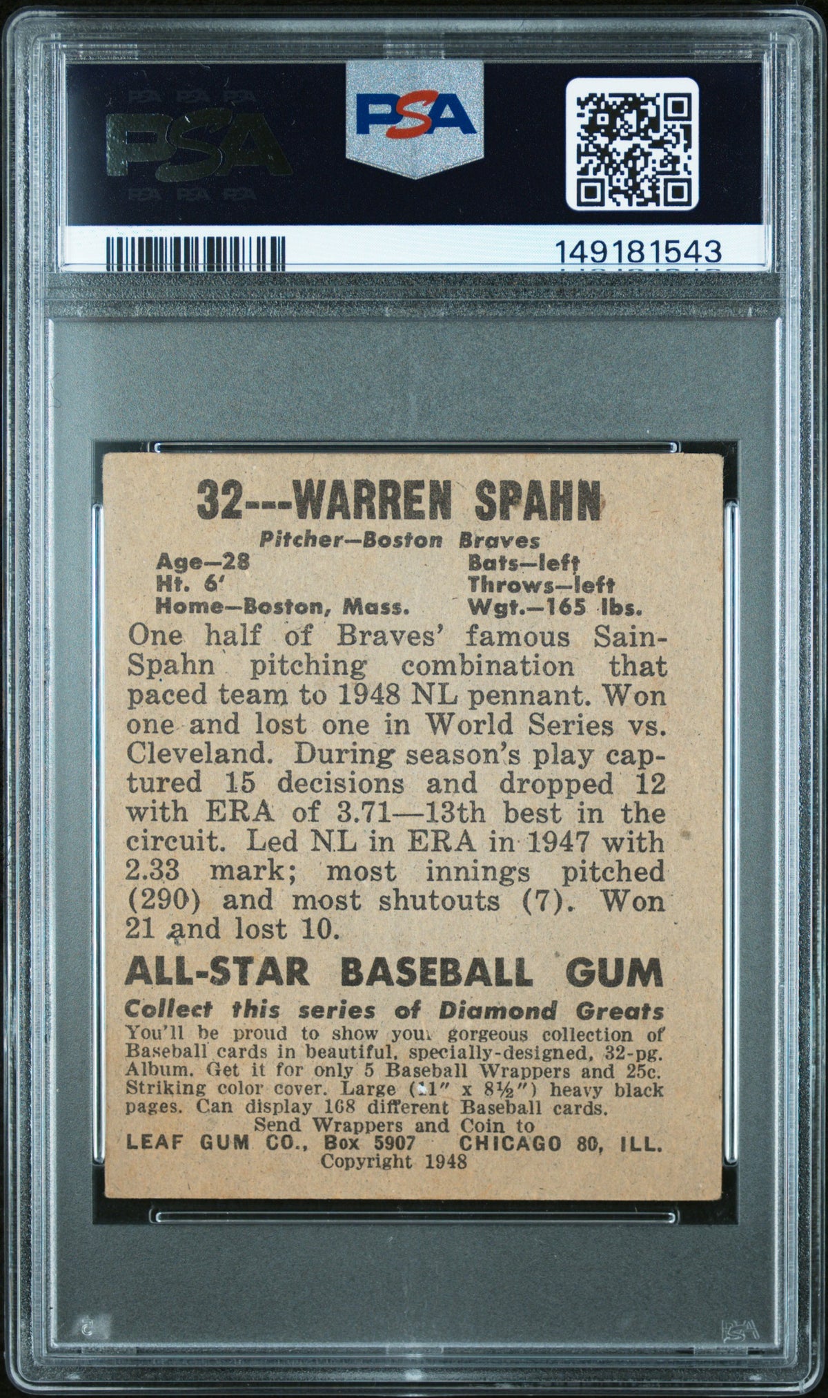 1948 Leaf #32 Warren Spahn PSA 4 VG-EX New Label Fantastic Registration