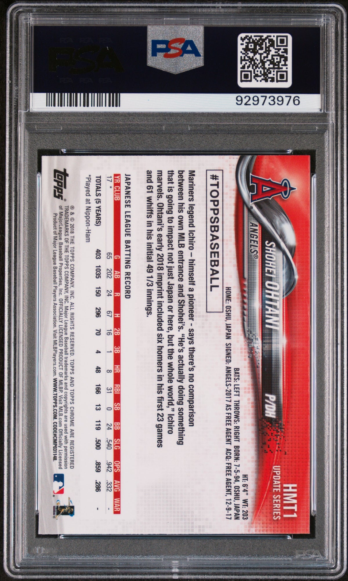 2018 Topps Chrome Update #HMT1 Shohei Ohtani PSA 10 GEM MINT