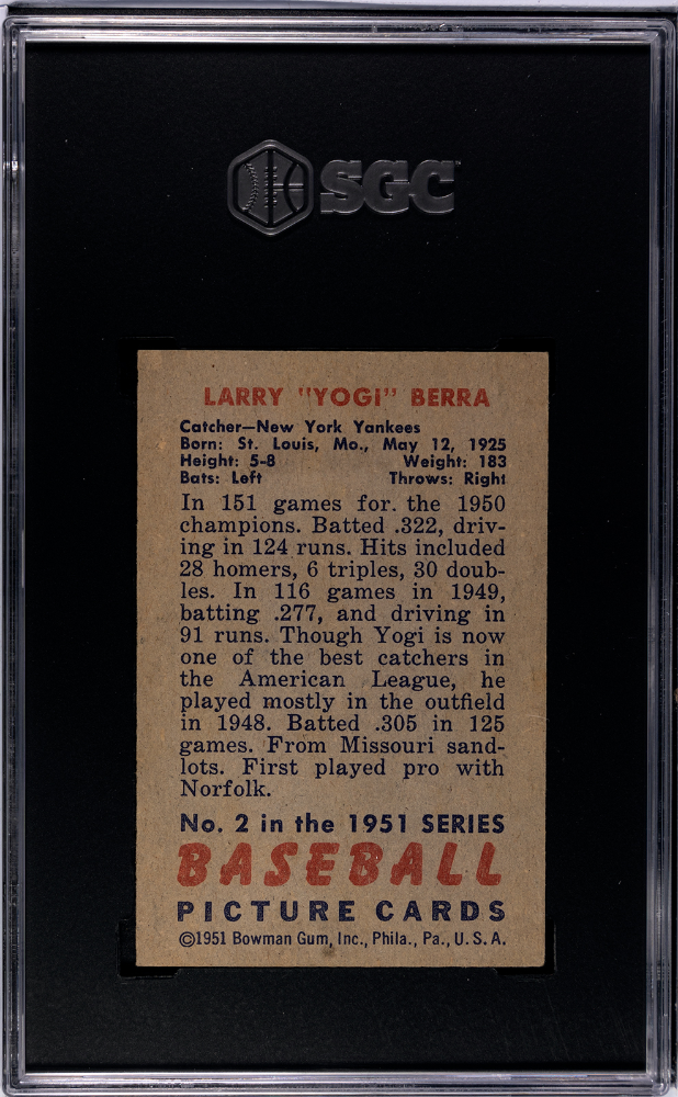 1951 Bowman #2 Yogi Berra SGC 6 EX-NM Well Centered