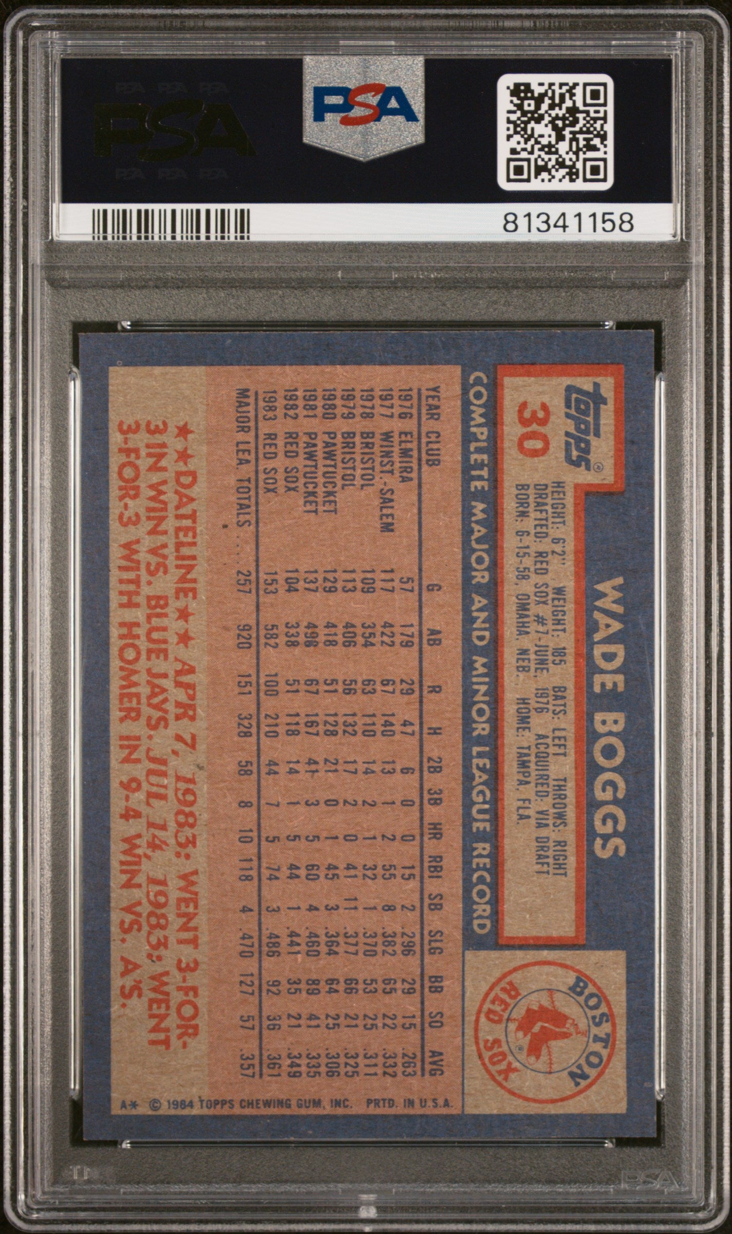 1984 Topps Wade Boggs #30 PSA 10 GEM MINT