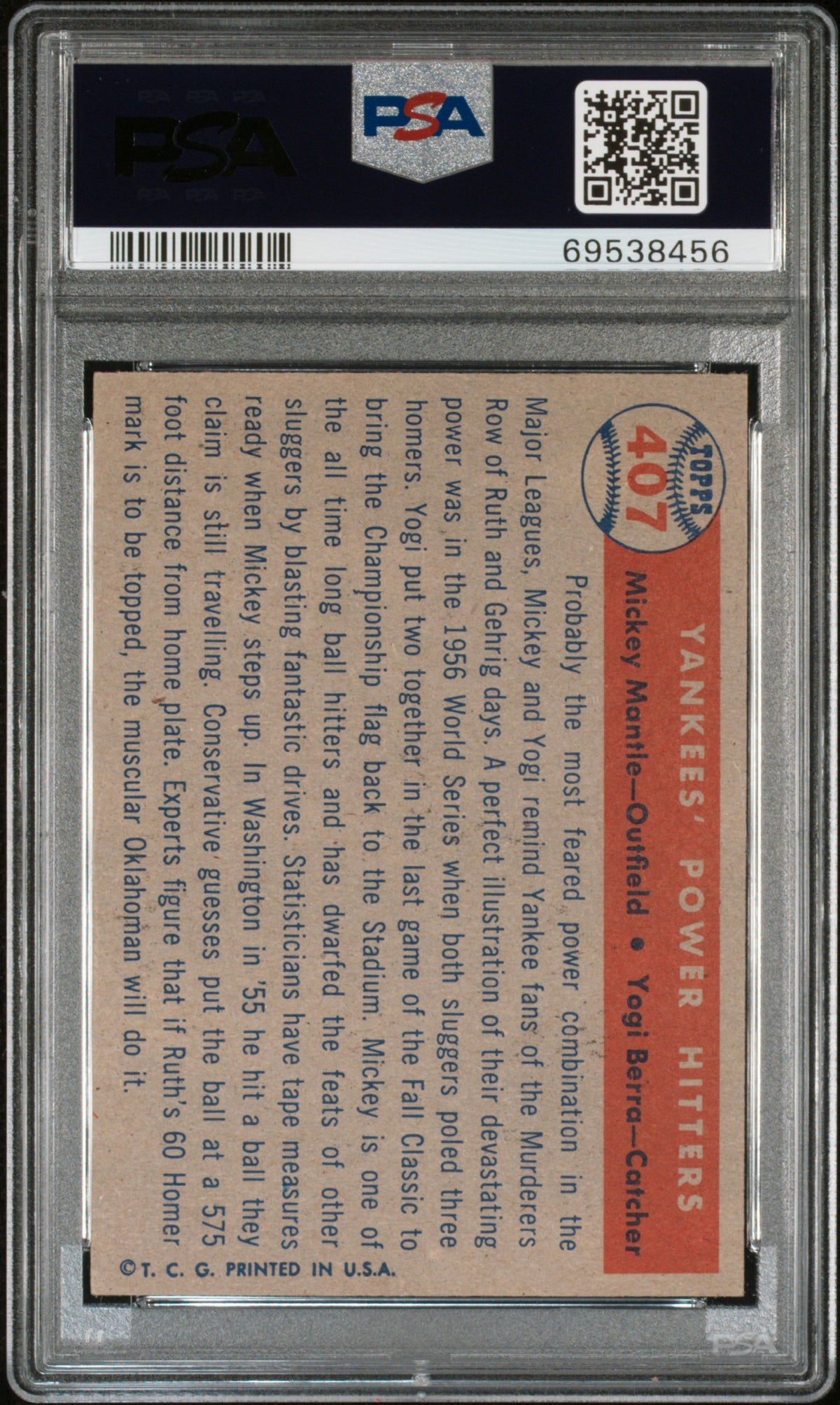 1957 Topps #407 Yogi Berra Mickey Mantle Yankees Power Hitter PSA 5 EX New Label