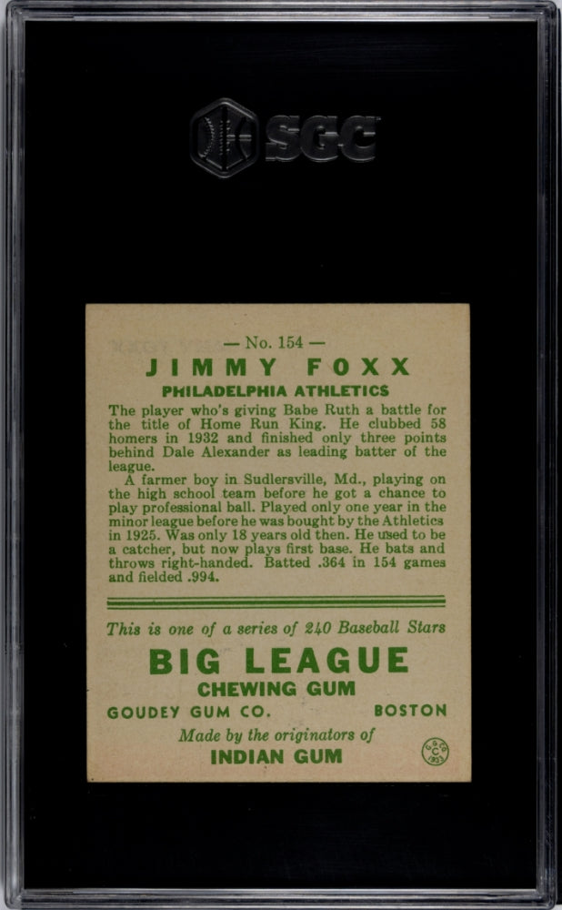 1933 Goudey #154 Jimmy Jimmie Foxx SGC 4.5 VG-EX+ Nice Color
