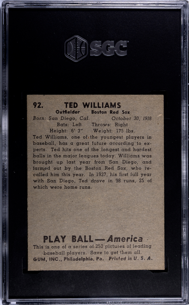 1939 Playball #92 Ted Williams RC Rookie SGC 6 EX-NM Bold Image