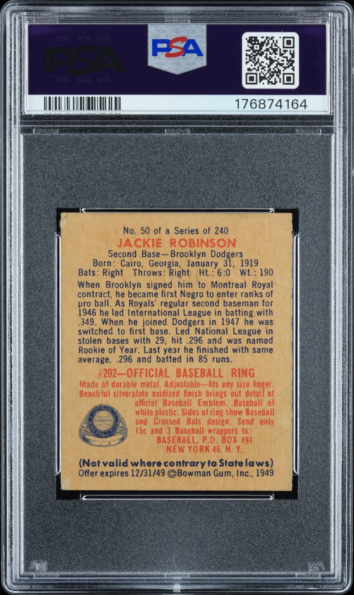 1949 Bowman #50 Jackie Robinson PSA 1.5 Nice Eye Appeal New Label
