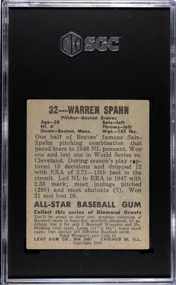 1948 Leaf Gum Co. #32 Warren Spahn RC Rookie SGC 5 EX Nice Eye Appeal