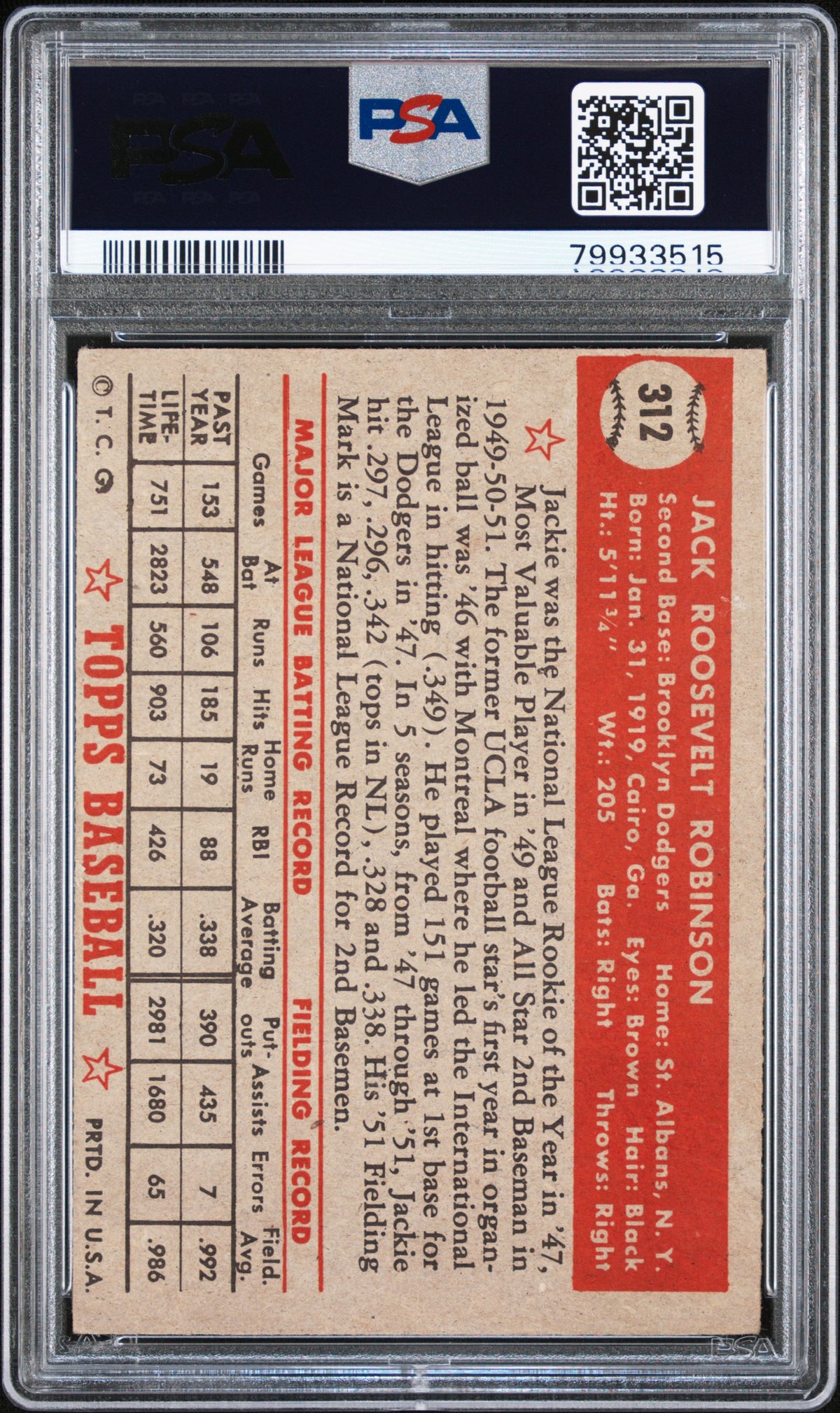 1952 Topps #312 Jackie Robinson PSA 3.5 VG+ SHARP New Label