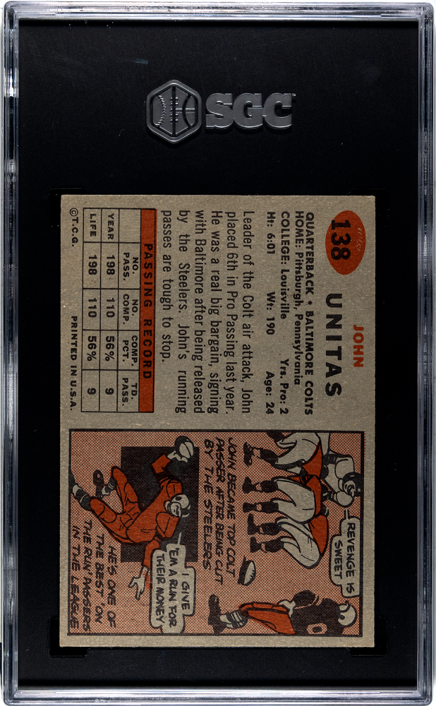 1957 Topps #138 Johnny John Unitas RC Rookie SGC 3.5 VG+ Nice Eye Appeal