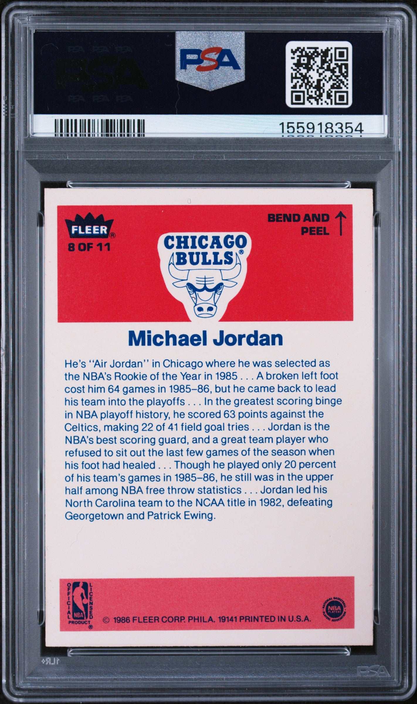 1986 Fleer Sticker #8 Michael Jordan RC Rookie PSA 7 NM Near Mint New Label