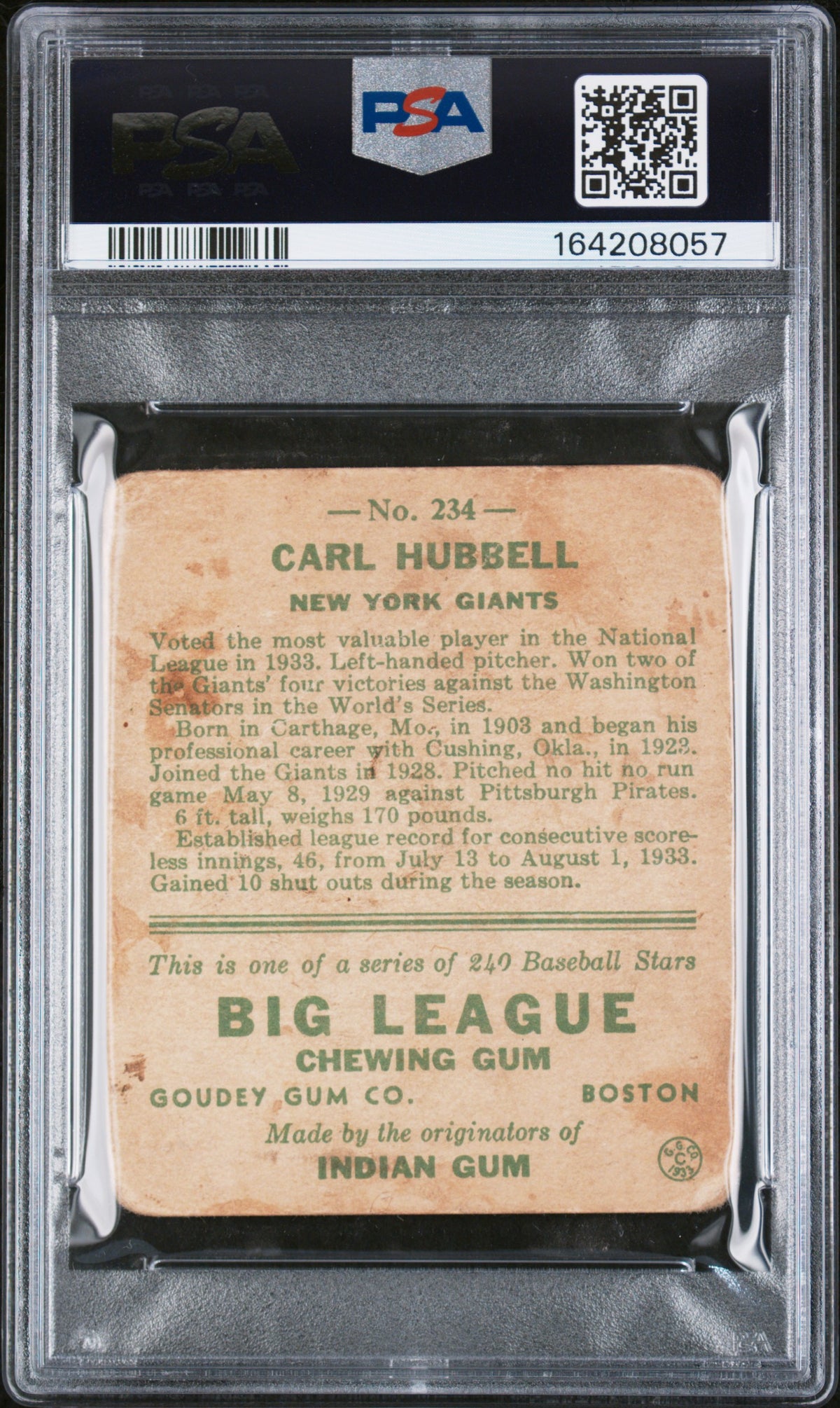1933 Goudey #234 Carl Hubbell PSA 1 New Label