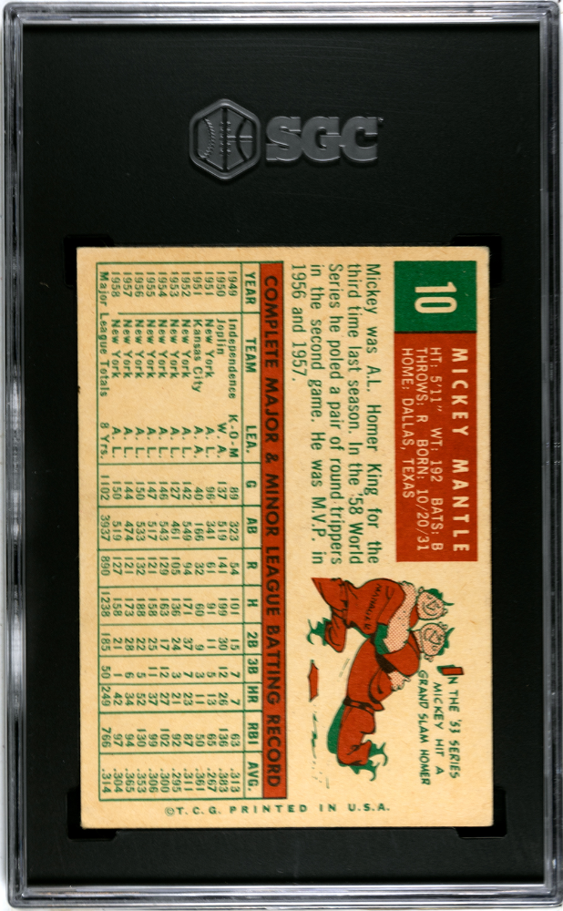 1959 Topps #10 Mickey Mantle SGC 4 VG-EX Sharp + Nice Color