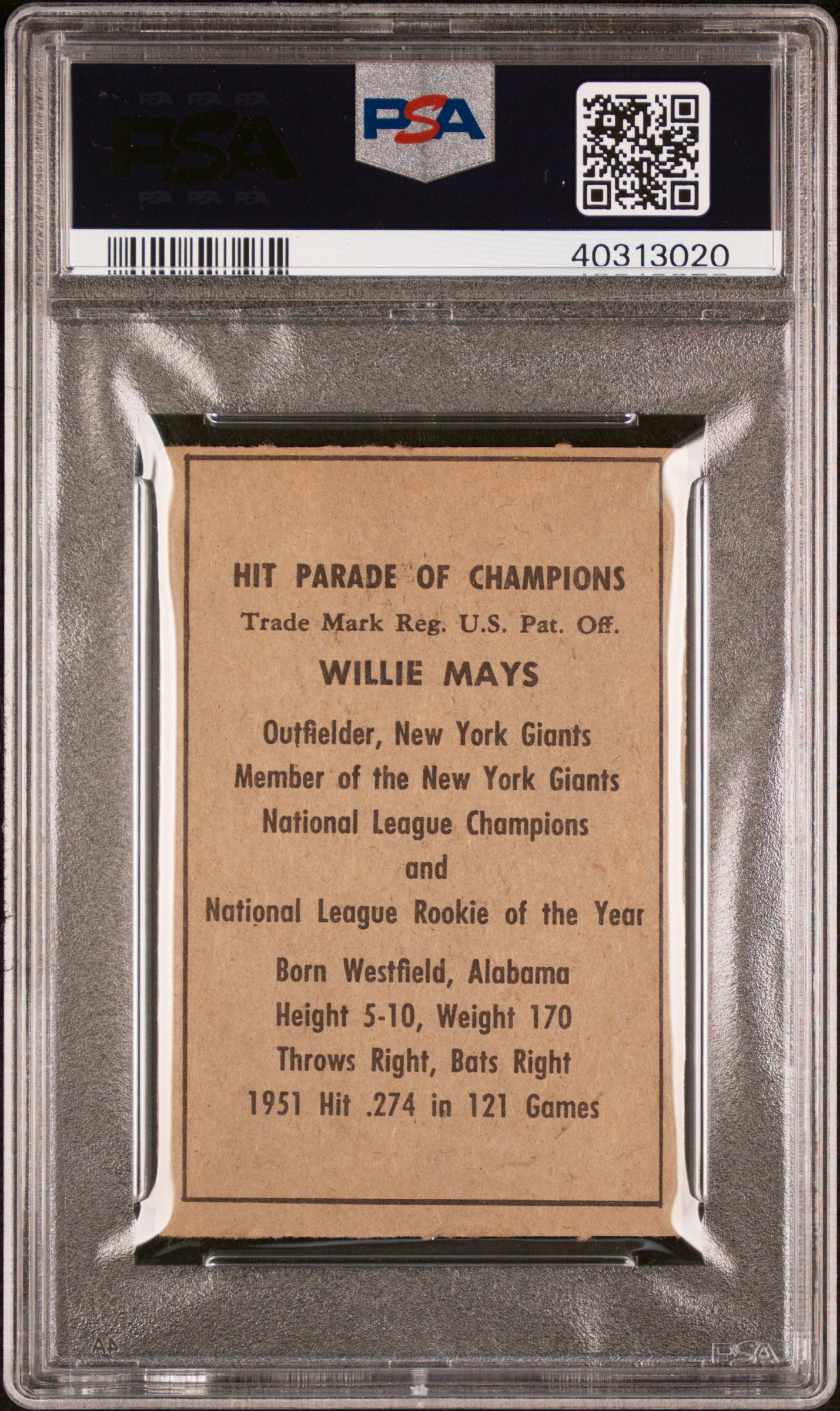 1952 Berk Ross Willie Mays PSA 6 EX-MT Well Centered + Nice Color New Label