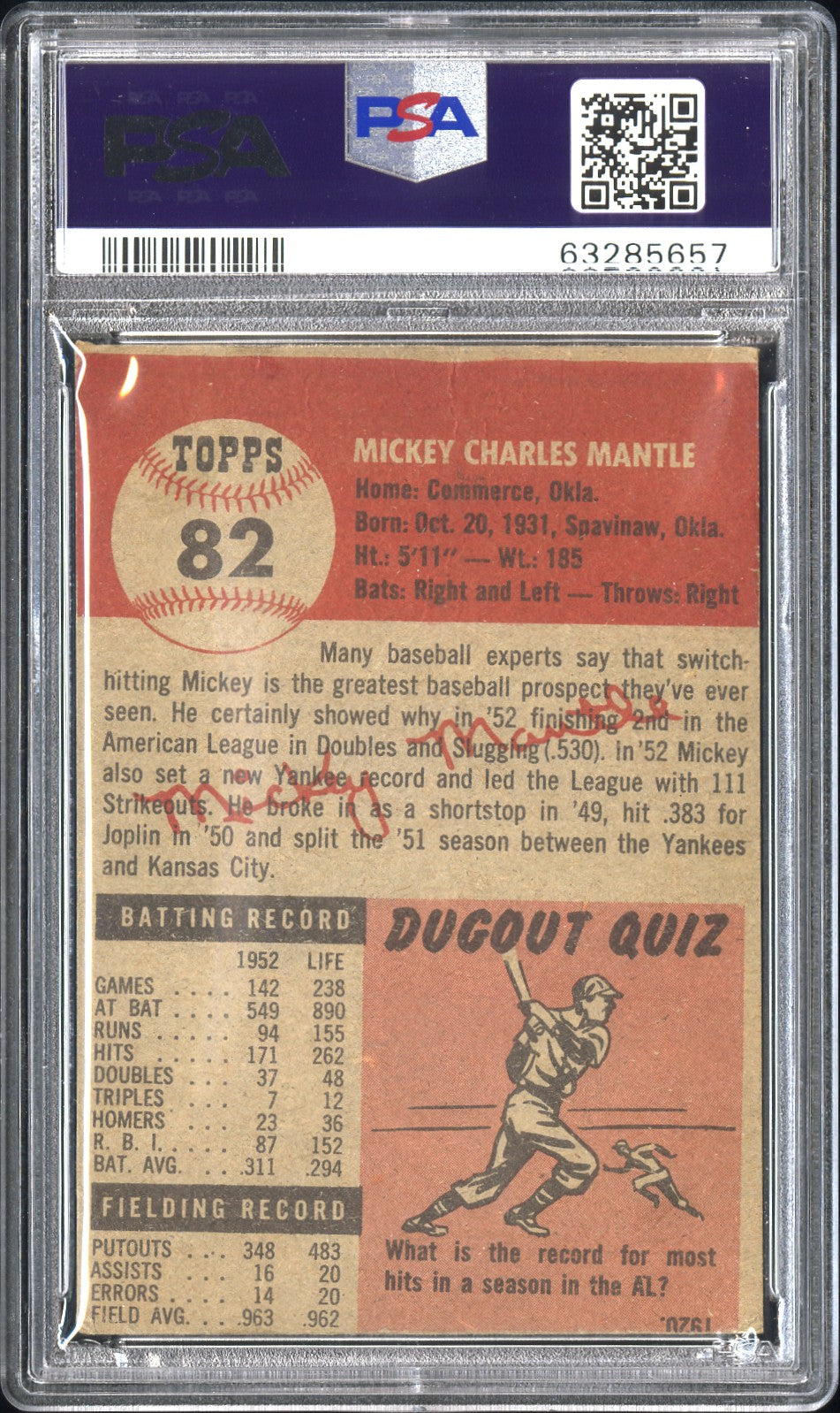 1953 Topps #82 Mickey Mantle PSA Authentic FUN LOOKING MISCUT