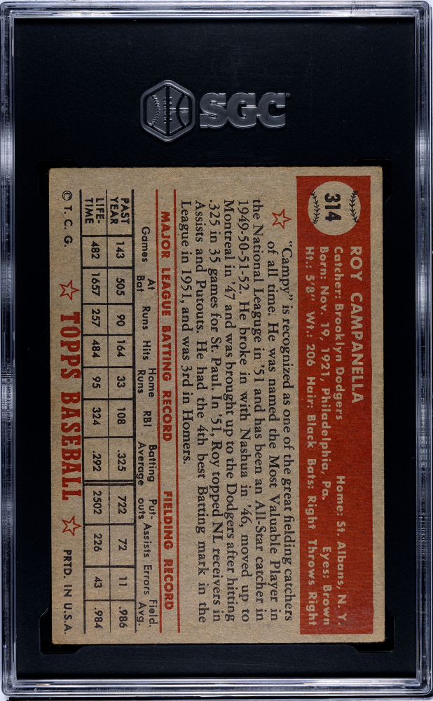 1952 Topps #314 Roy Campanella SGC 5 EX Nice Color