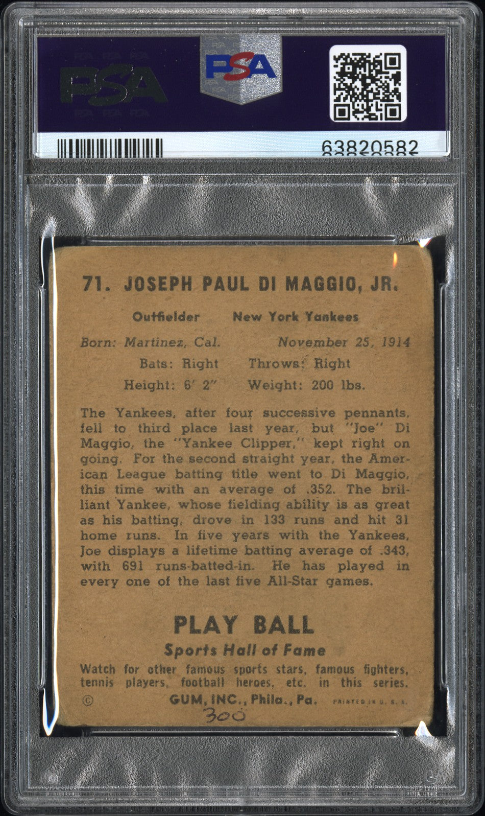 1941 Play Ball #71 Joe DiMaggio PSA 1.5 mk Nice Eye Appeal New Label