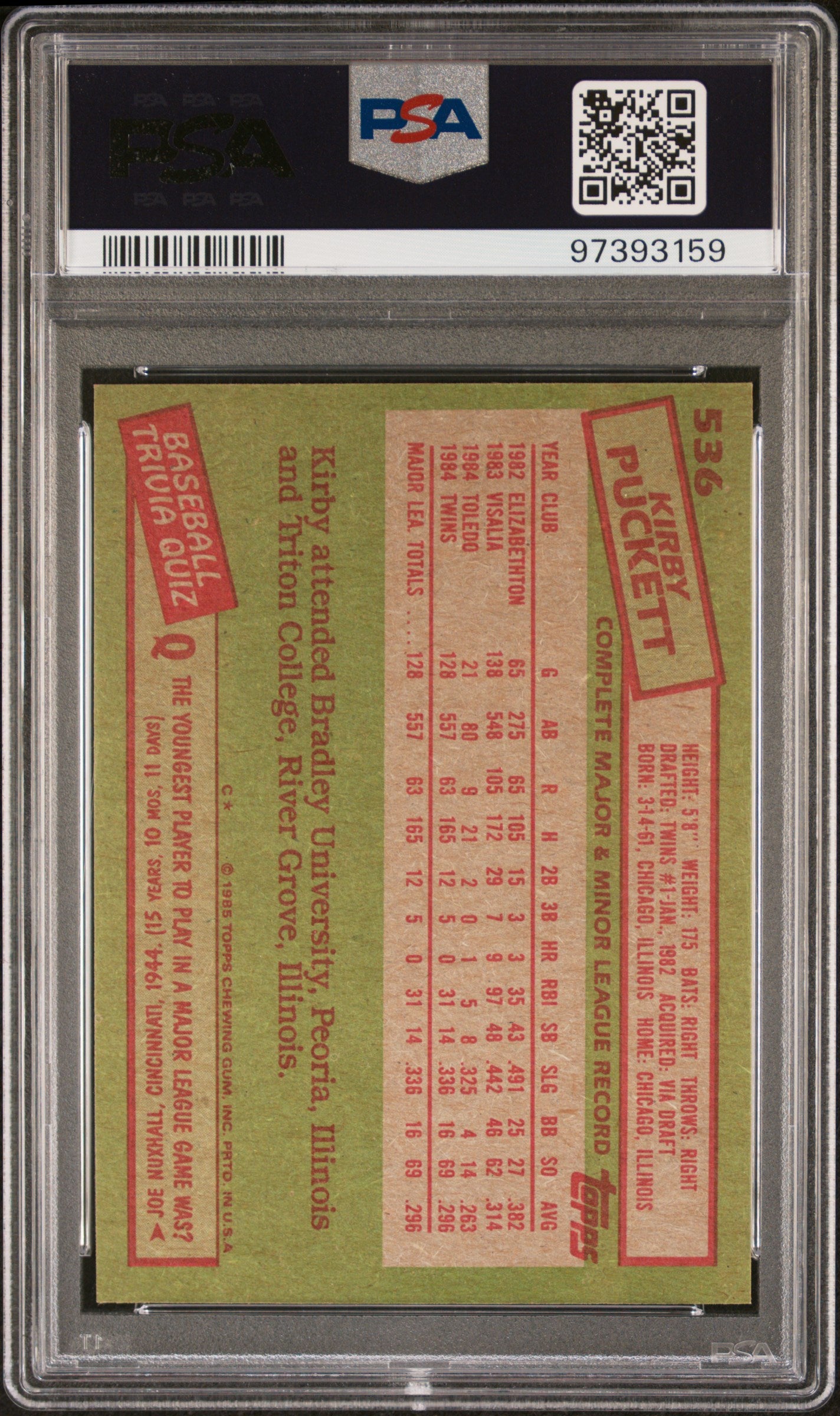 1985 Topps #536 Kirby Puckett PSA 10