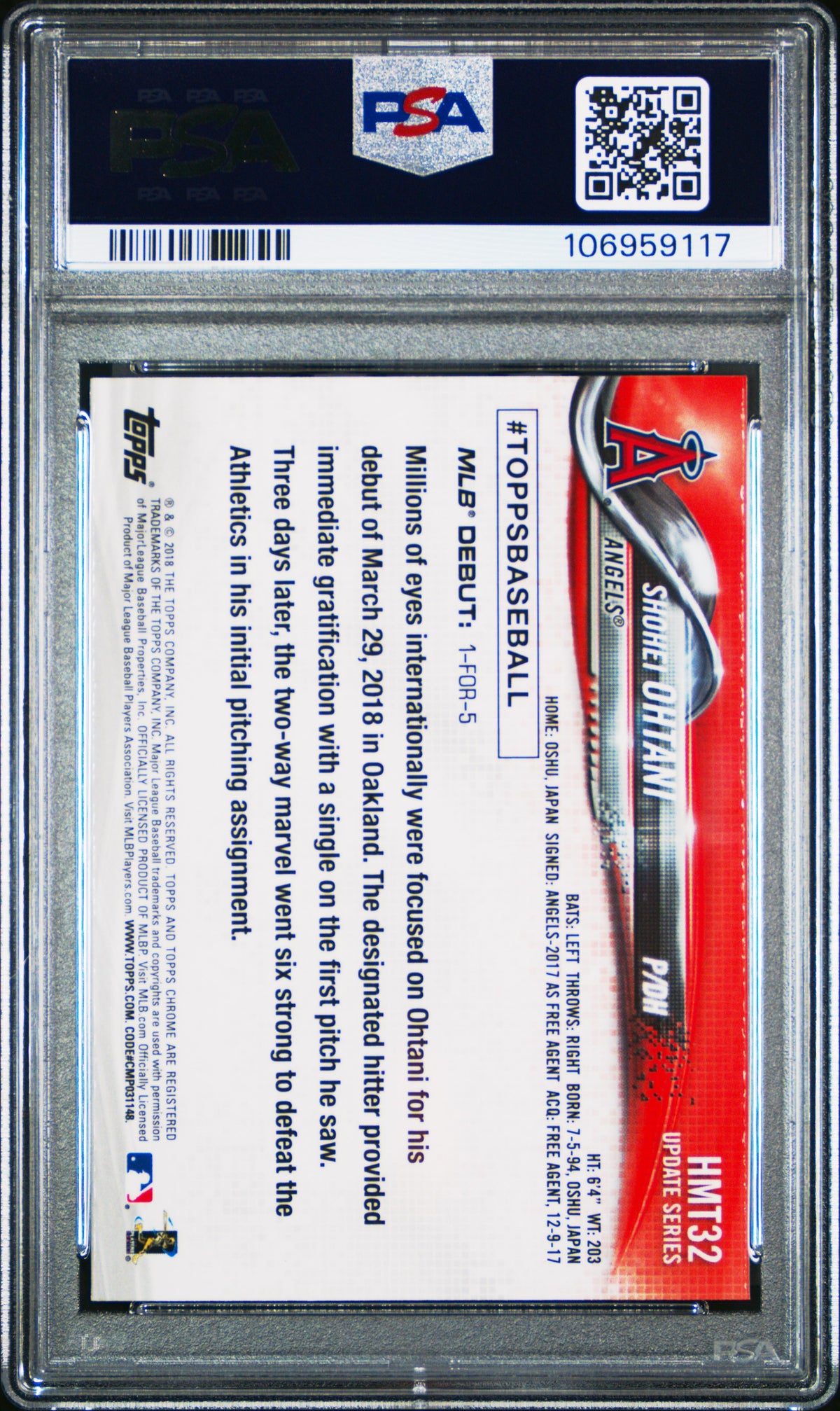 2018 Topps Chrome Update #HMT32 Shohei Ohtani PSA 10 GEM MINT