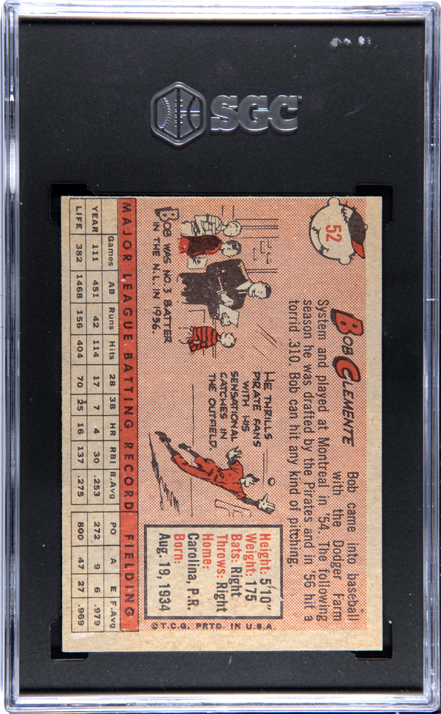 1958 Topps #52 Bob Roberto Clemente SGC 5 EX Sharp + Nice Color