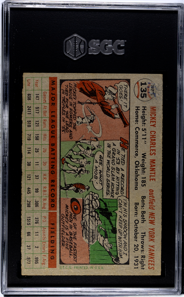 1956 Topps #135 Mickey Mantle Gray SGC Authentic CREASE FREE Nice Eye Appeal