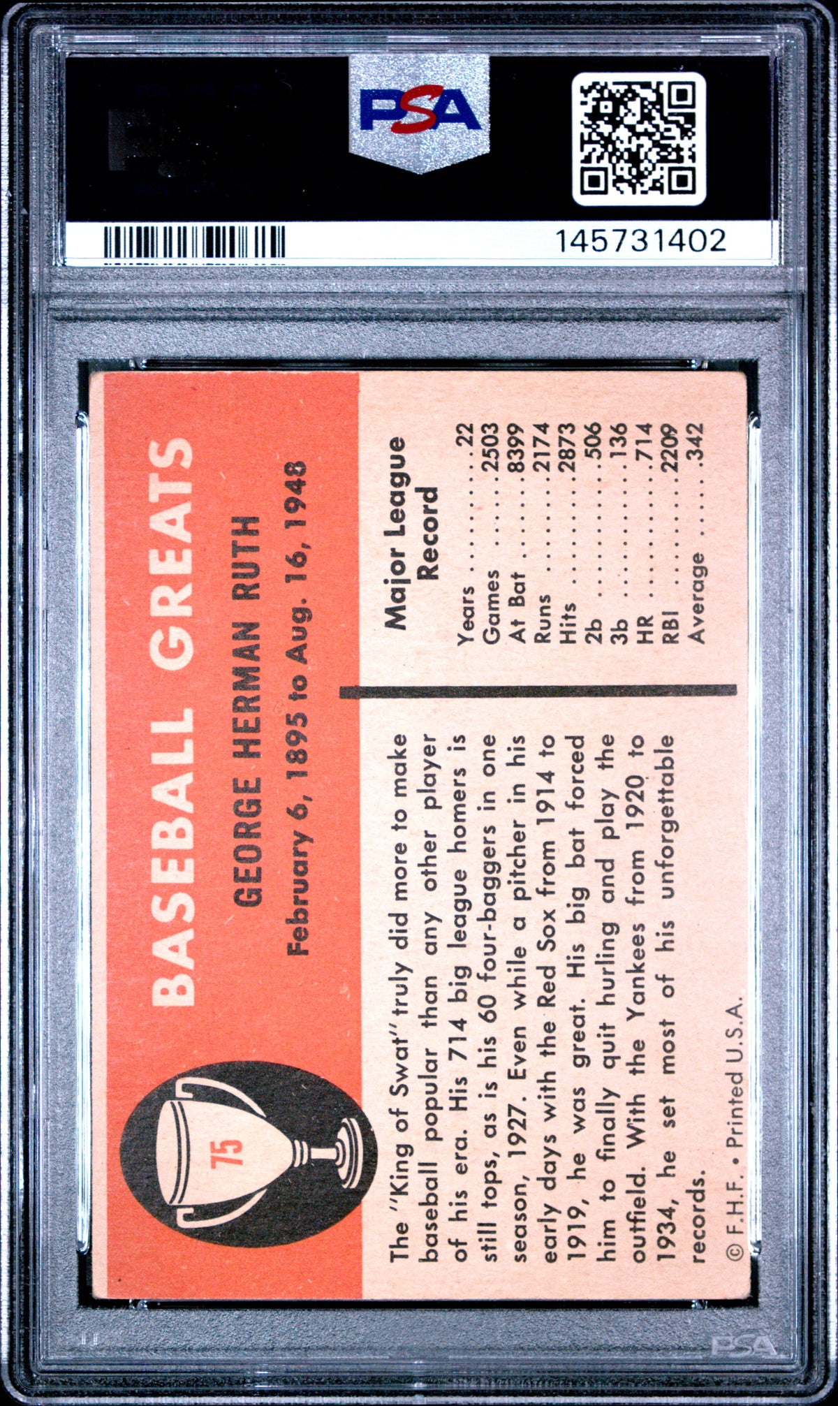 1961 Fleer #75 Babe Ruth PSA 3 VG New Label