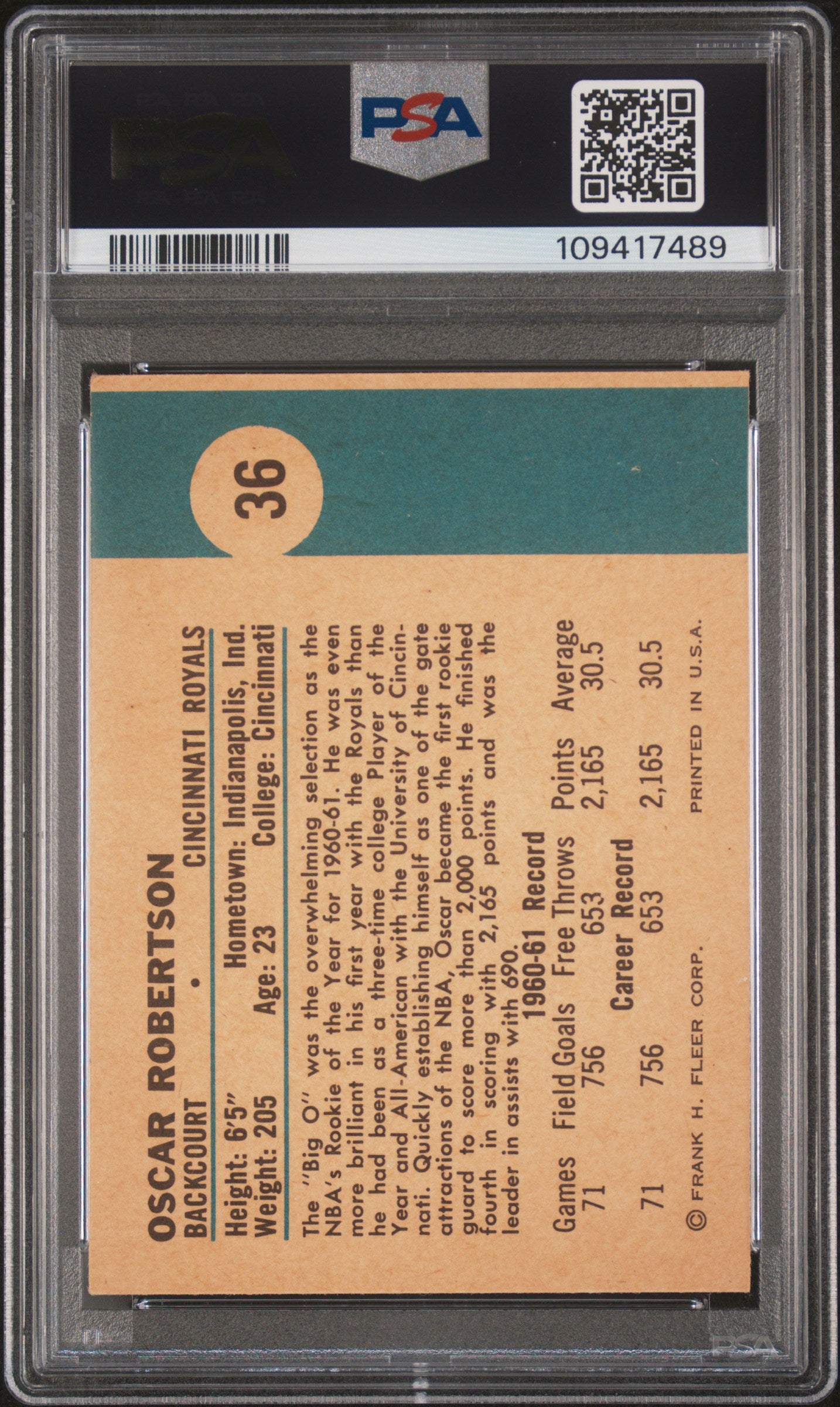 1961 Fleer Oscar Robertson RC Rookie #36 PSA 4 VG-EX New Label