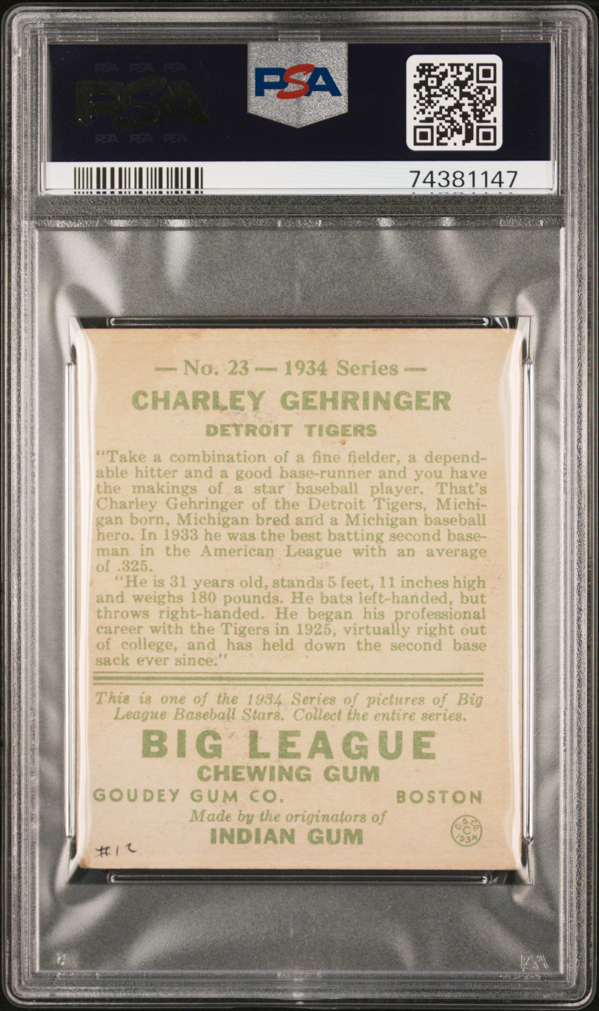 1934 Goudey #23 Charley Gehringer PSA 3 mk / 10 AUTO Autograph ONLY 2 HIGHER