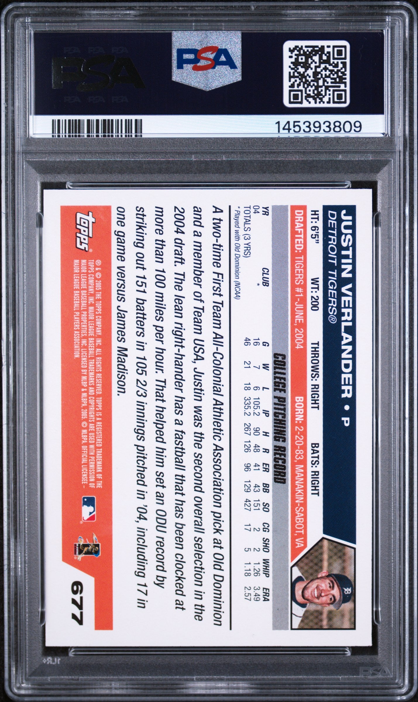 2005 Topps #677 Justin Verlander RC Rookie PSA 10 GEM MINT New Label