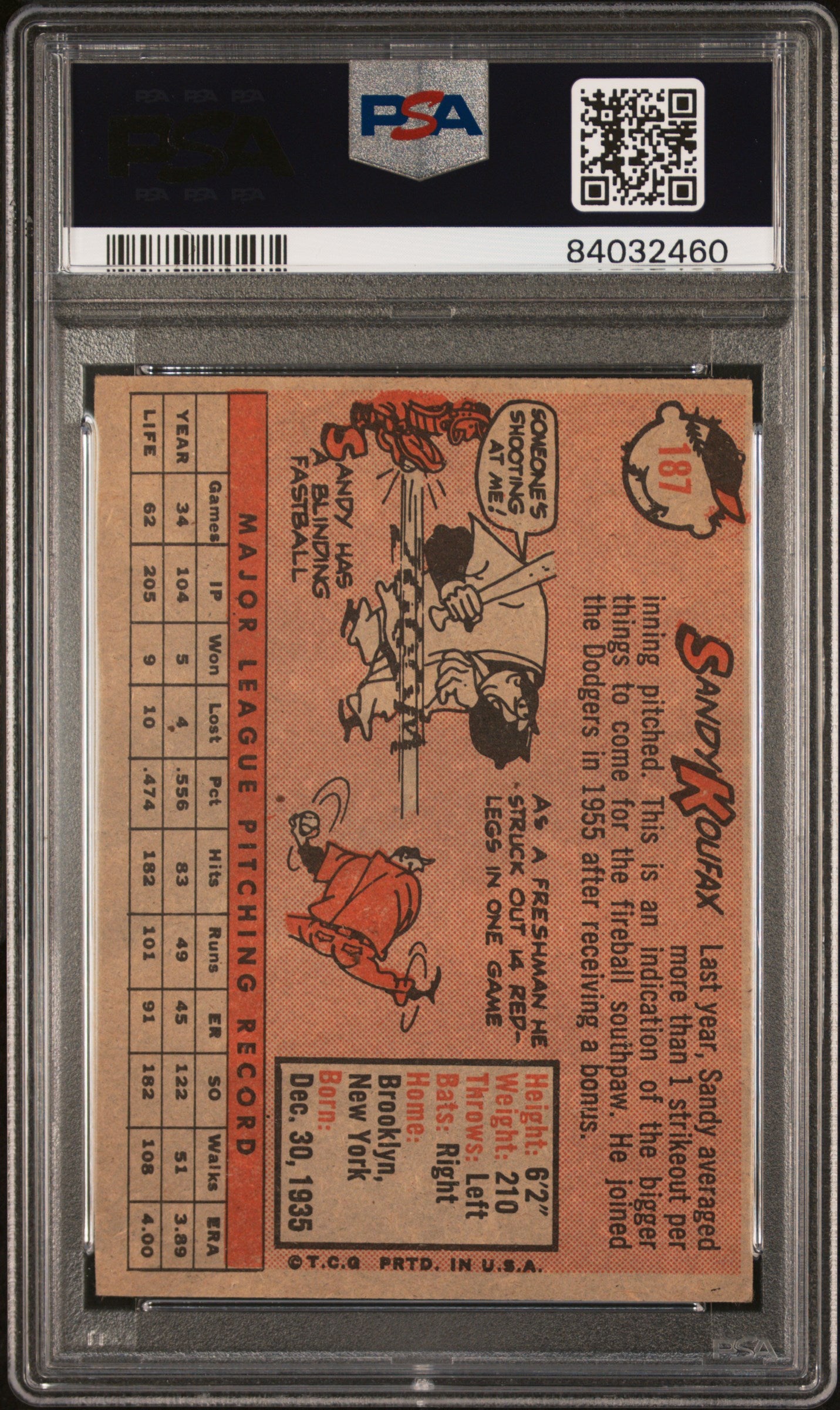 1958 Topps Sandy Koufax #187 PSA 4 VG-EX Nice Color New Label