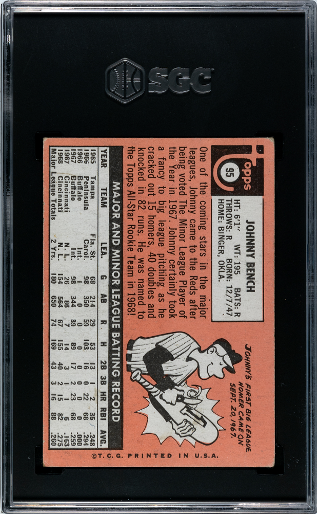 1969 Topps #95 Johnny Bench SGC 3.5 VG+ Well Centered