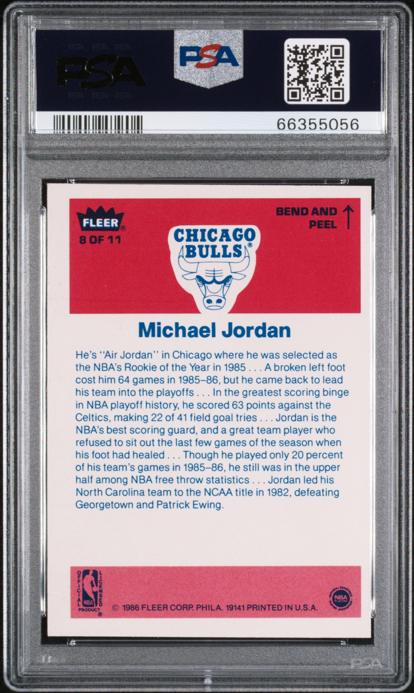 1986 Fleer Sticker #8 Michael Jordan RC Rookie PSA 7 NM New Label