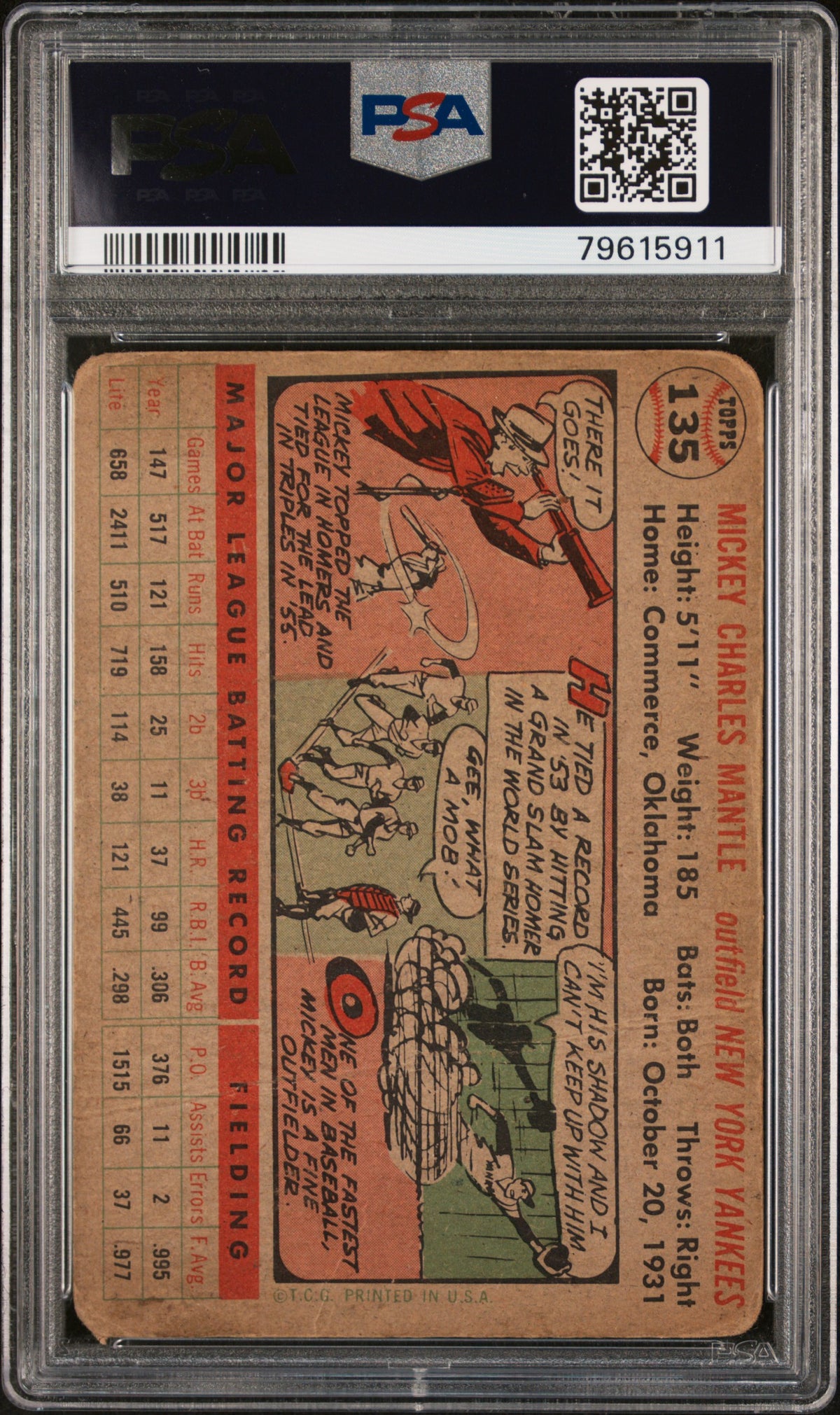 1956 Topps #135 Mickey Mantle Gray Back PSA 1.5 New Label