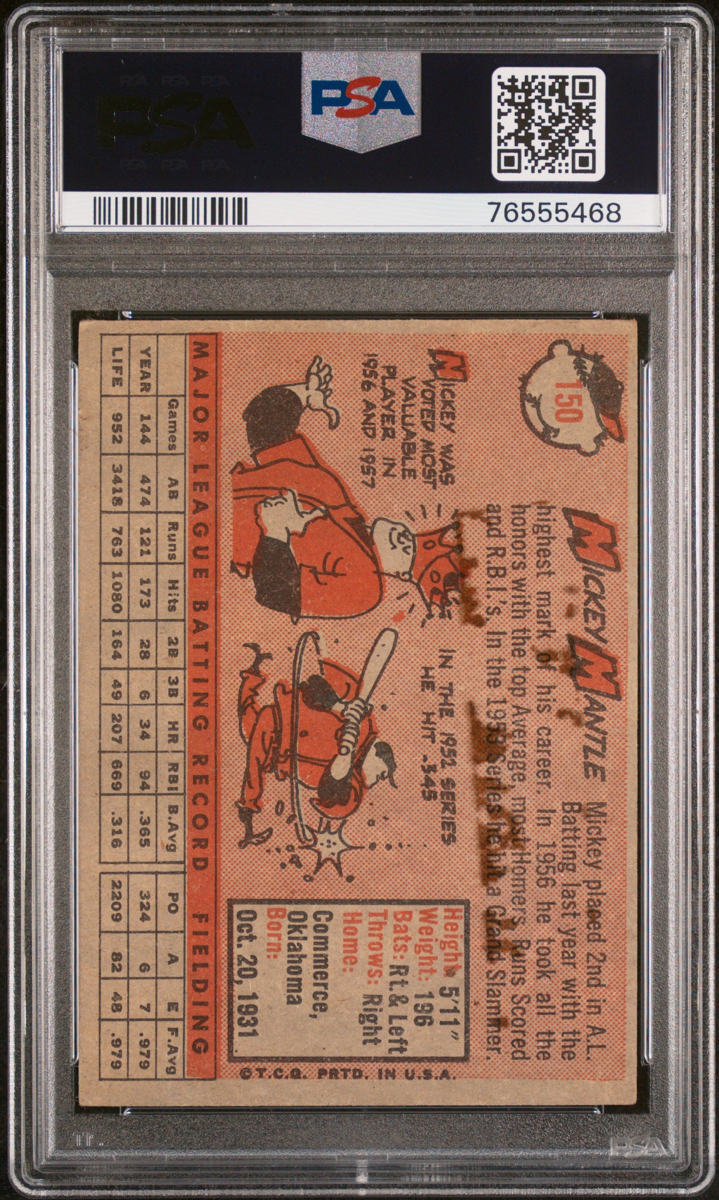 1958 Topps Mickey Mantle #150 PSA 2 GD STUNNING New Label