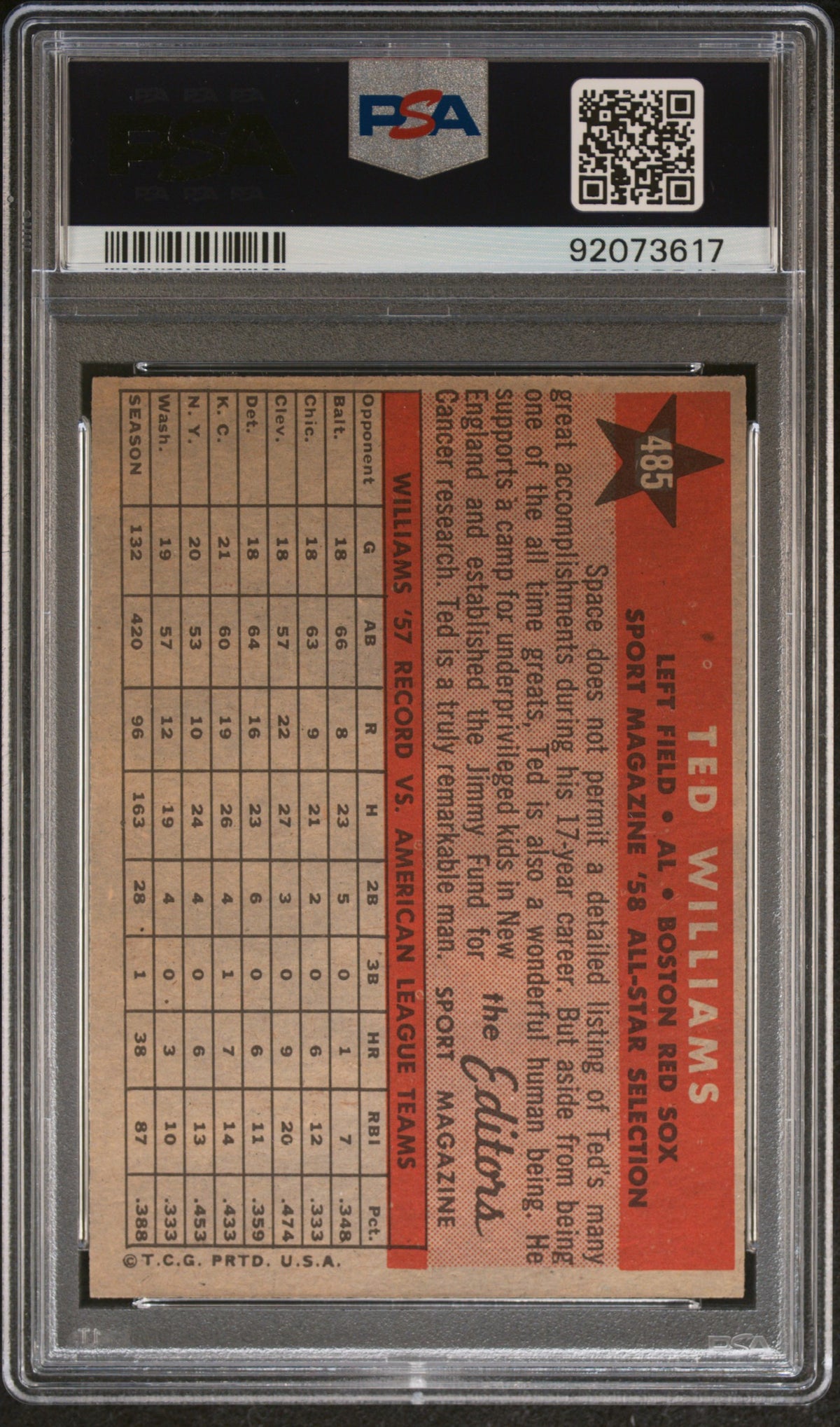 1958 Topps #485 Ted Williams All Star PSA 6/9 AUTO Autograph HIGHEST GRADED