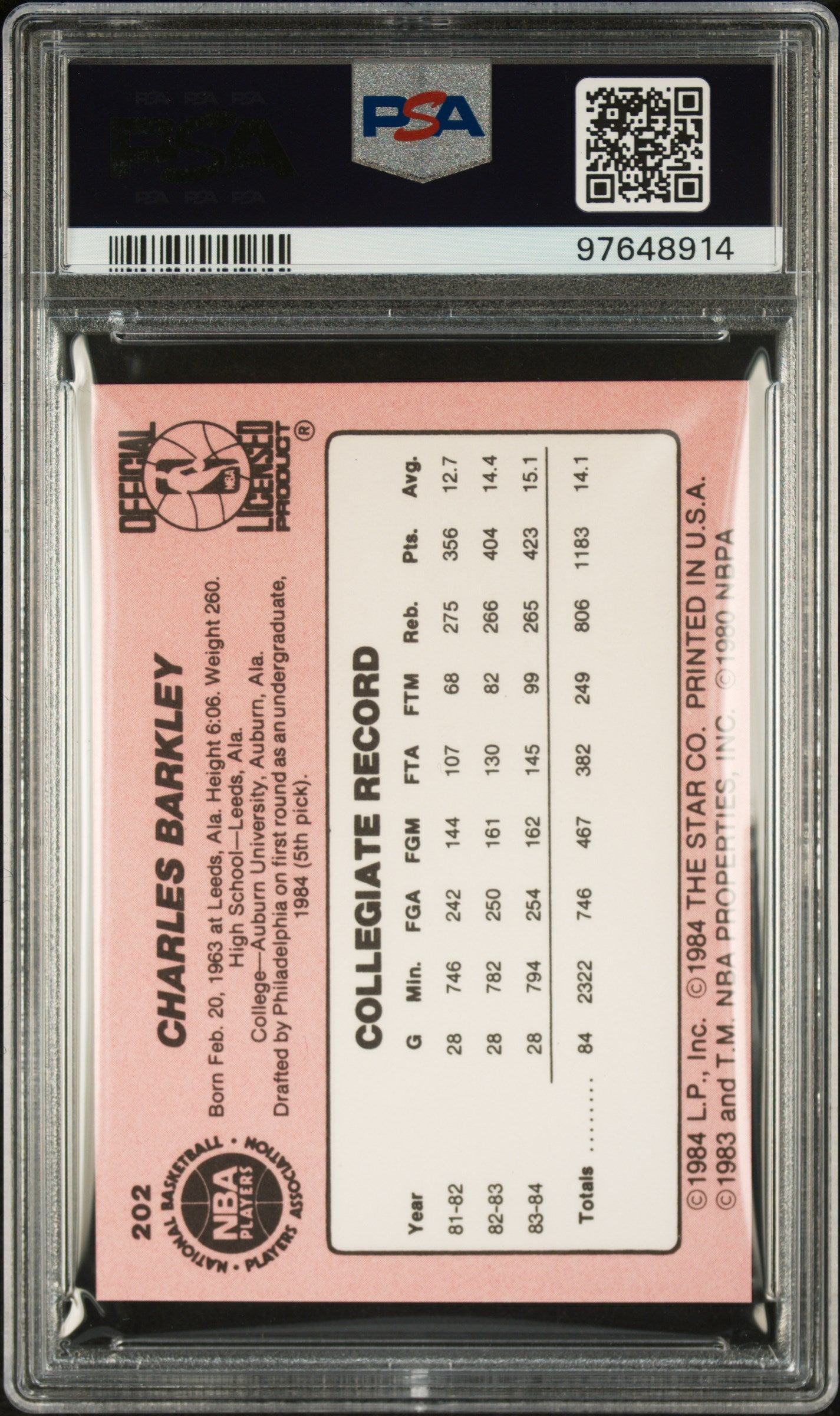 1984 Star #202 Charles Barkley RC Rookie PSA 7 NM Near Mint