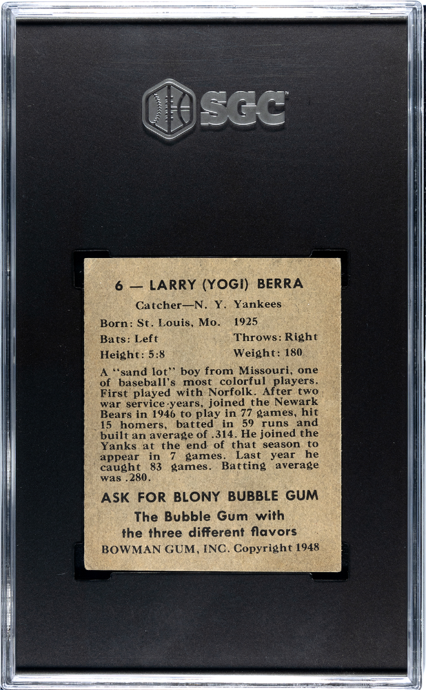 1948 Bowman #6 Yogi Berra RC Rookie SGC Authentic STUNNING + Sharp