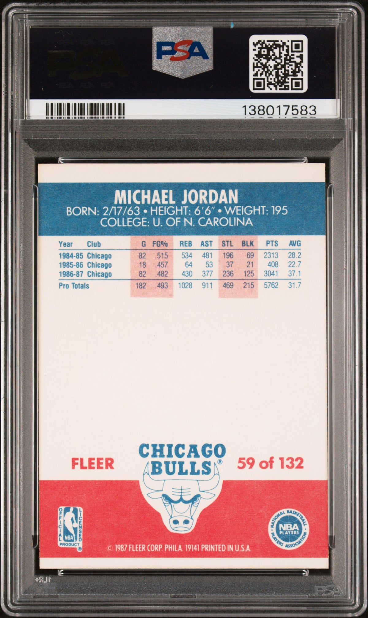 1987 Fleer #59 Michael Jordan PSA 7 NM New Label