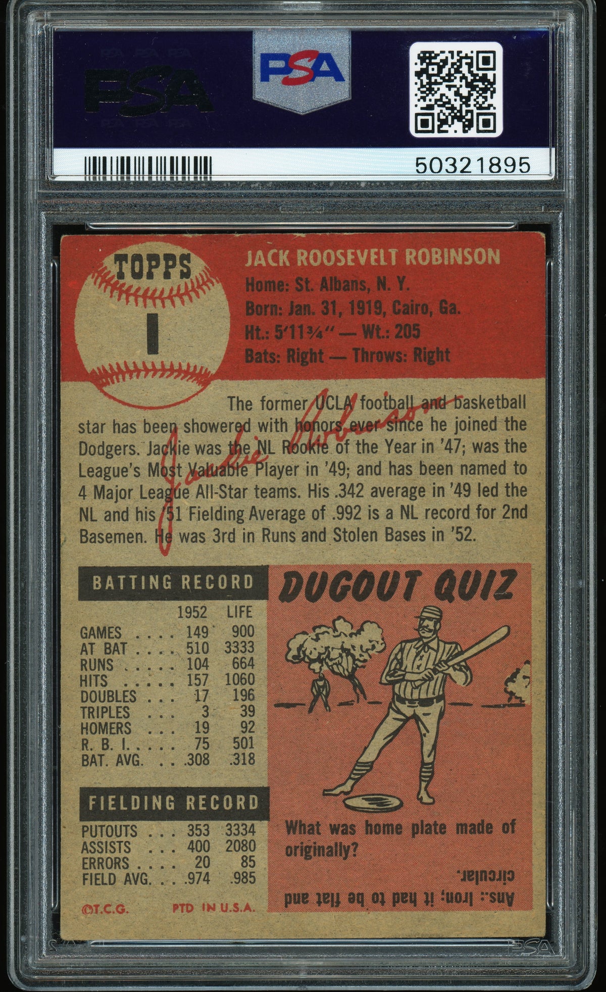 1953 Topps #1 Jackie Robinson PSA 2 GD Nice Eye Appeal New Label