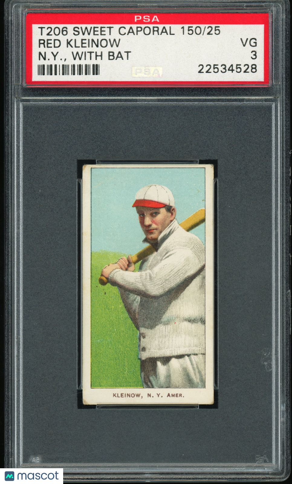 1909-11 T206 Sweet Caporal 150/25 Red Kleinow N. Y. , With Bat PSA 3 VG