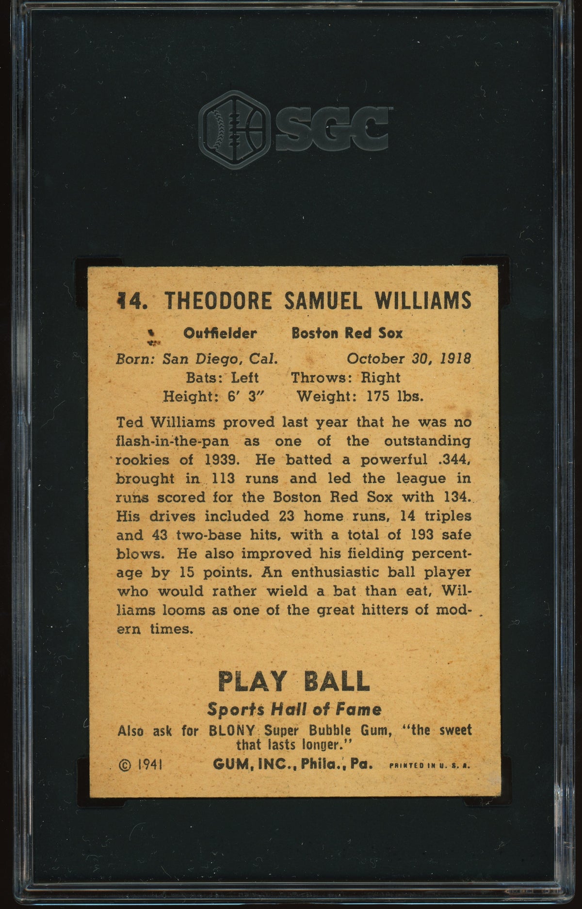 1941 Playball #14 Ted Williams SGC 5.5 EX+ Nice Eye Appeal