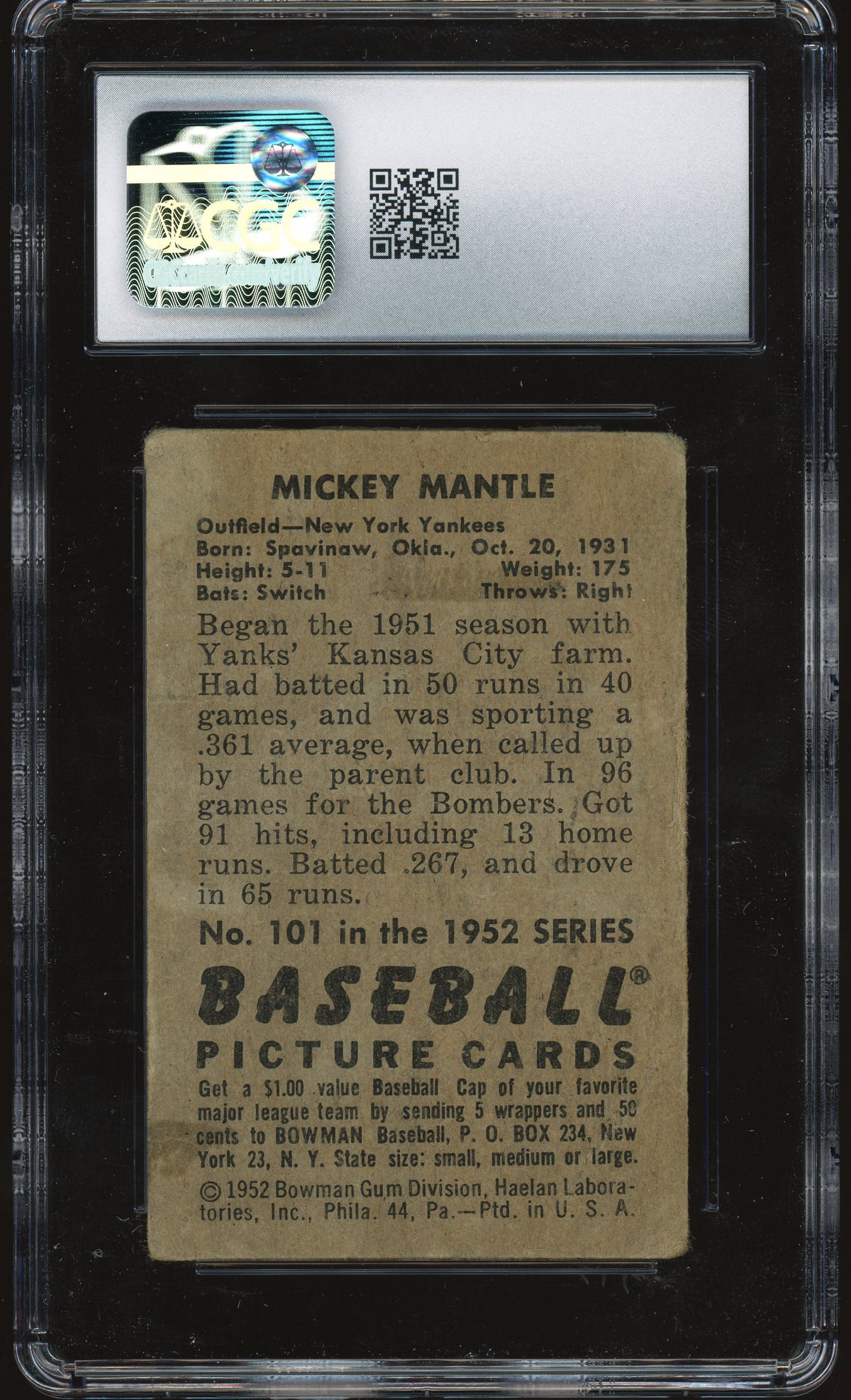 1952 Bowman #101 Mickey Mantle CGC 1 Well Centered