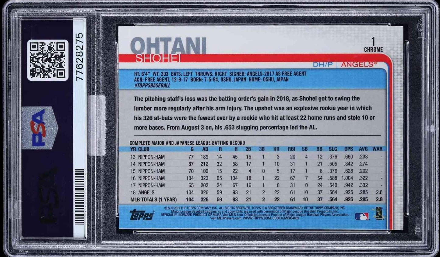 2019 Topps Chrome #1 Shohei Ohtani Variation Refractor PSA 10 MBA SILVER DIAMOND