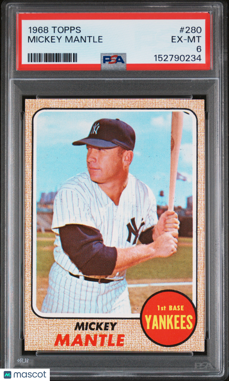 1968 Topps #280 Mickey Mantle PSA 6 EX-MT Well Centered New Label