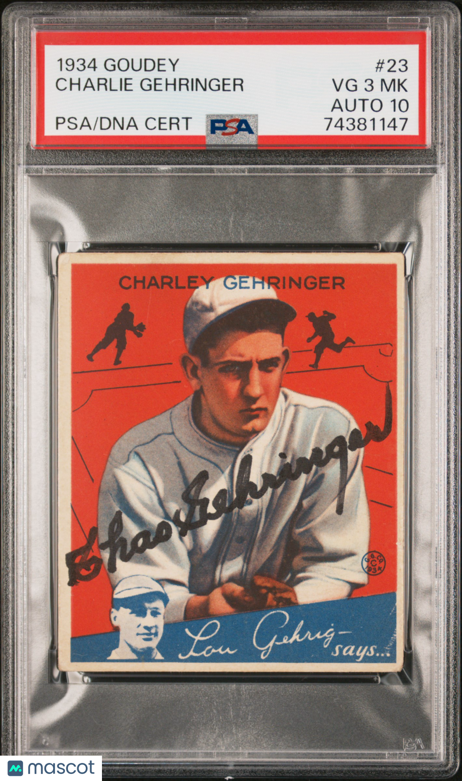 1934 Goudey #23 Charley Gehringer PSA 3 mk / 10 AUTO Autograph ONLY 2 HIGHER