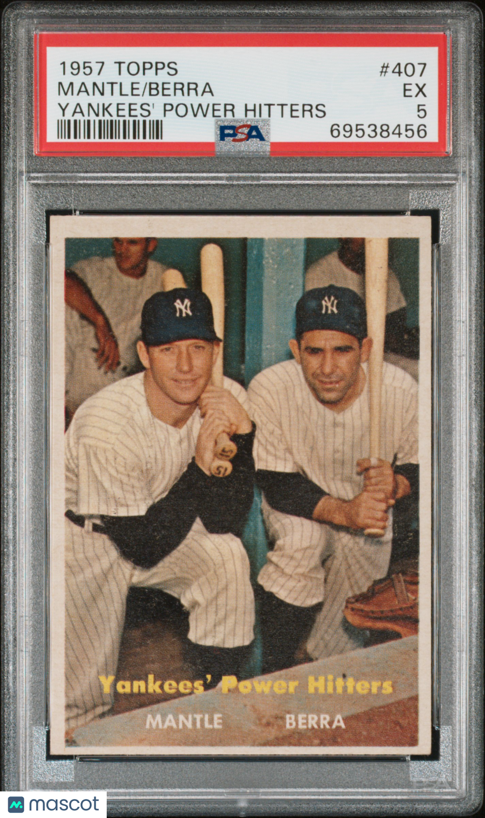 1957 Topps #407 Yogi Berra Mickey Mantle Yankees Power Hitter PSA 5 EX New Label