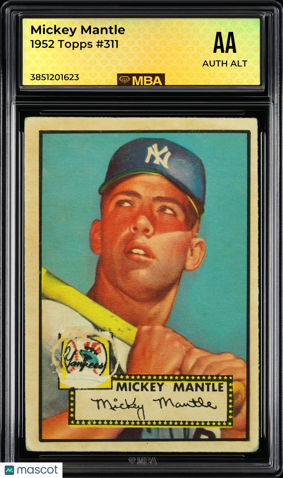 1952 Topps #311 Mickey Mantle MBA Authentic Altered CREASE FREE Nice Eye Appeal