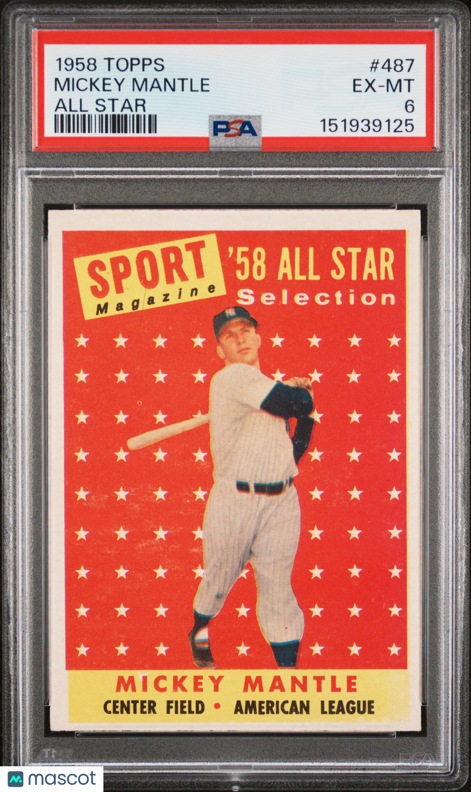 1958 Topps #487 Mickey Mantle All Star PSA 6 EX-MT New Label