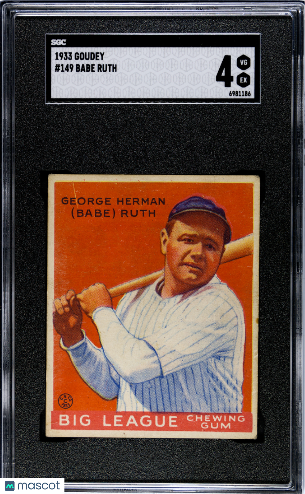 1933 Goudey #149 Babe Ruth SGC 4 VG-EX Nice Eye Appeal CENTERED