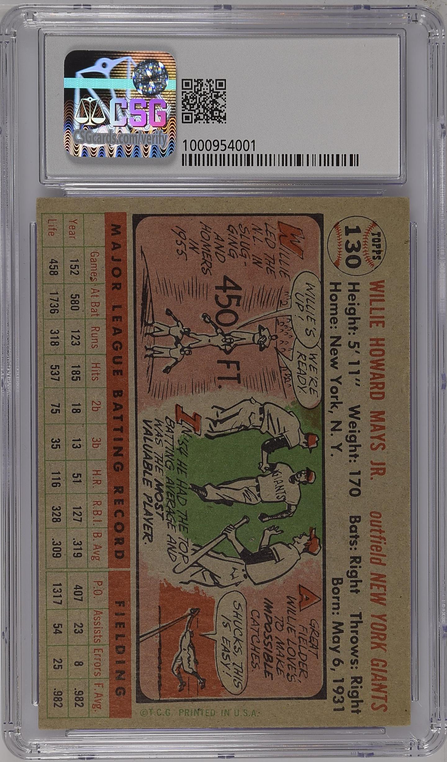 1956 Topps #130 Willie Mays Gray Back CGC 4.5 VG-EX+